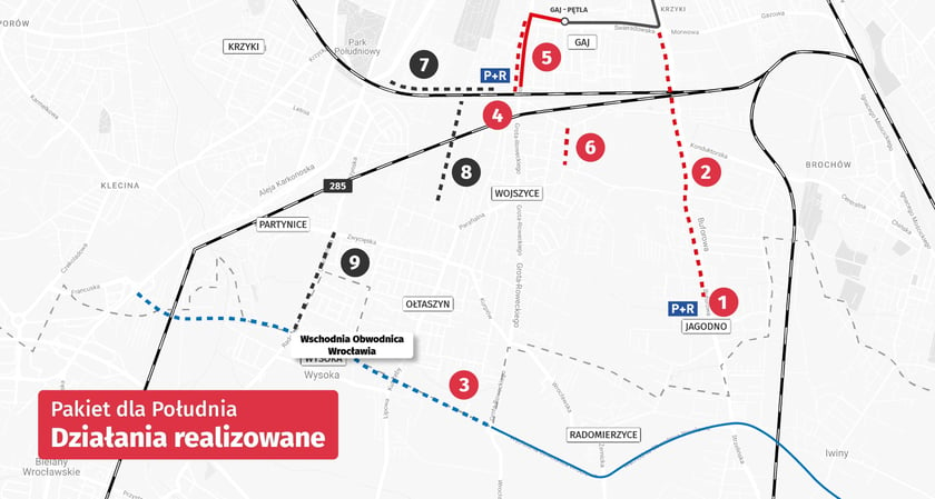 Powiększ obraz: Mapa przedstawia inwestycje realizowane w ramach Pakietu dla Południa we Wrocławiu