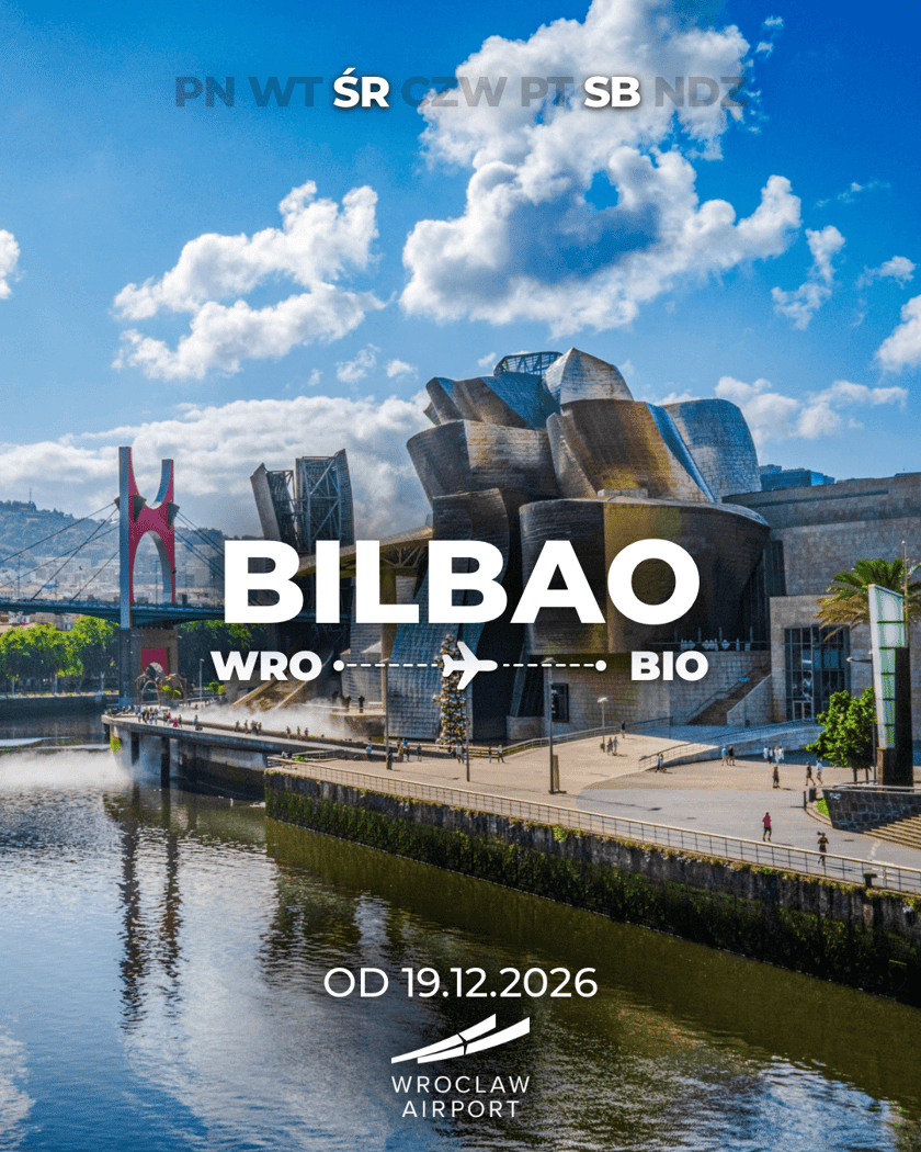 Powiększ obraz: Zdjęcie z budynkiem Muzeum Guggenheima w Bilbao, na które nałożone są dni w które odbywać się będą loty z Wrocławia.