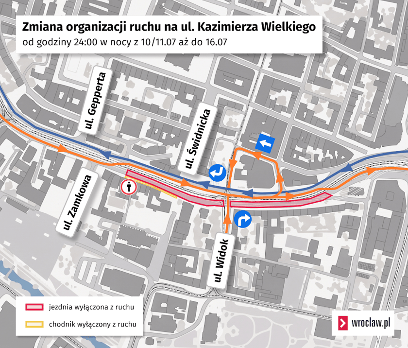 Powiększ obraz: Schemat organizacji ruchu na ul. Kazimierza Wielkiego w dniach 10/11 lica - 16 lipca