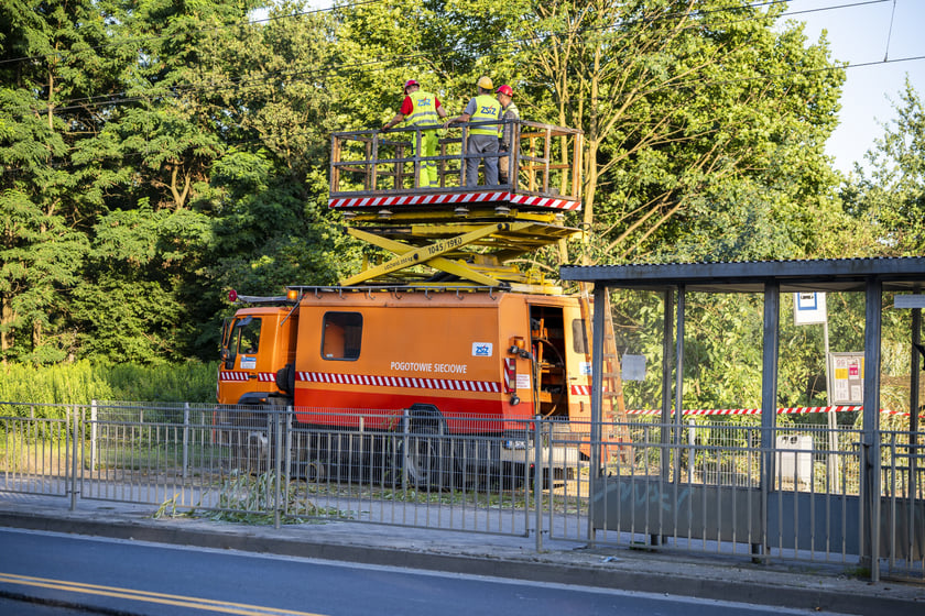 Powiększ obraz: Usuwanie drzewa, które przewróciło się na torowisko i trakcję tramwajową na ul. Kwidzyńskiej - 24 lipca 2026 r.