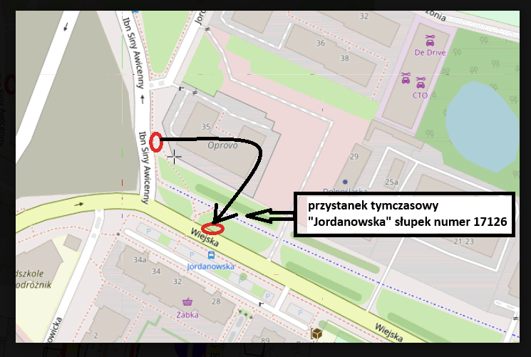 Powiększ obraz: Tymczasowa lokalizacja przystanku Jordanowska