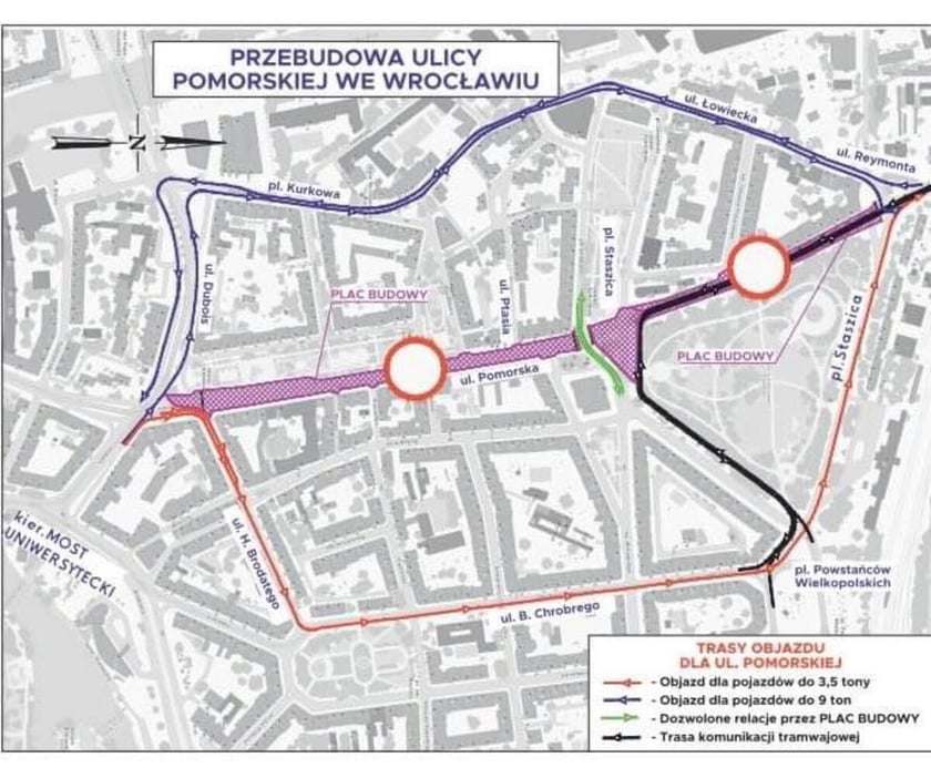 Trasa objazdów w czasie przebudowy ul.Pomorskiej i pl. Staszica