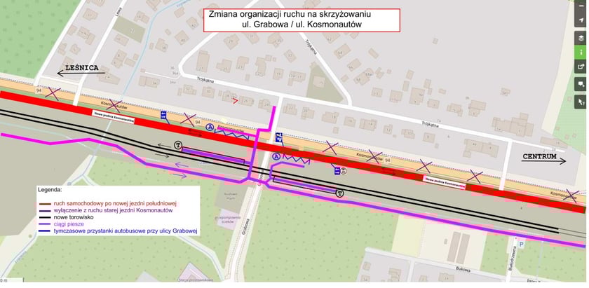 Mapa ze zmianami na skrzyżowaniu Kosmonautów z Grabową