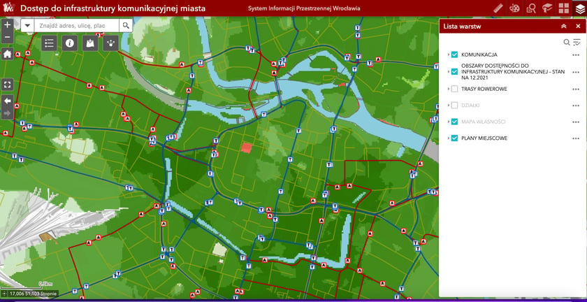 Mapa dostępności komunikacyjnej. Zbliżenie na centrum miasta