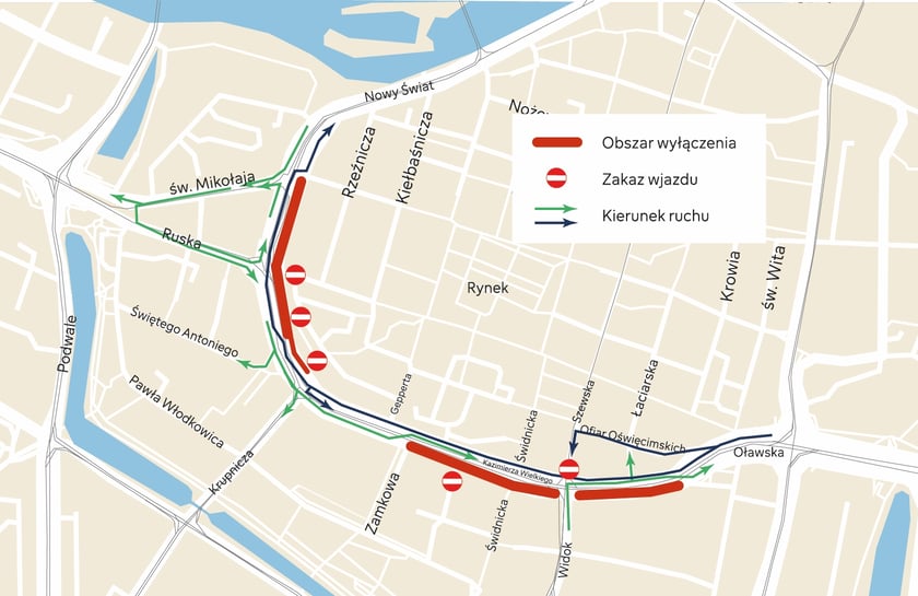 Mapa z organizacją ruchu samochodowego podczas pierwszego etapu remontu na Kazimierza Wielkiego