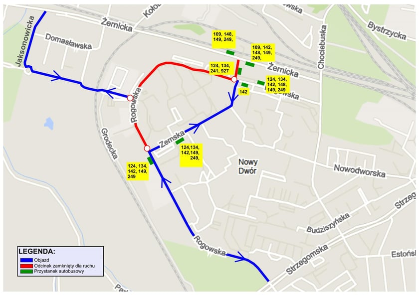 Powiększ obraz: Mapa z objazdem i przystankami autobusowymi