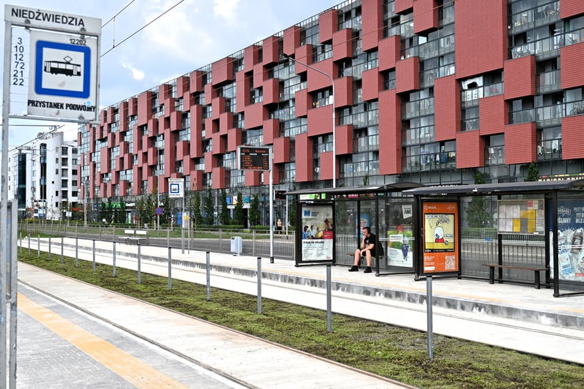 Zielona ulica Legnicka po remoncie torowiska między ulicami Zachodnią a Niedźwiedzią.