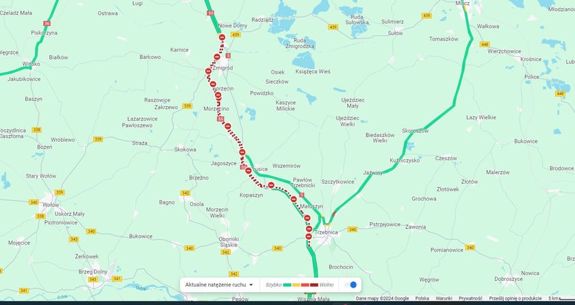 Powiększ obraz: Sytuacja na S5 w okolic Trzebnica - Żmigród, godz. 10.30