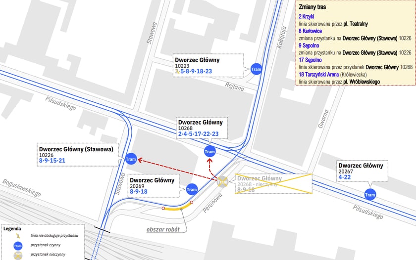 Mapa przedstawia zmiany, kt&oacute;re będą obowiązywać w rejonie przystanku Dworzec Głowny przy ul. Peronowej.&nbsp;