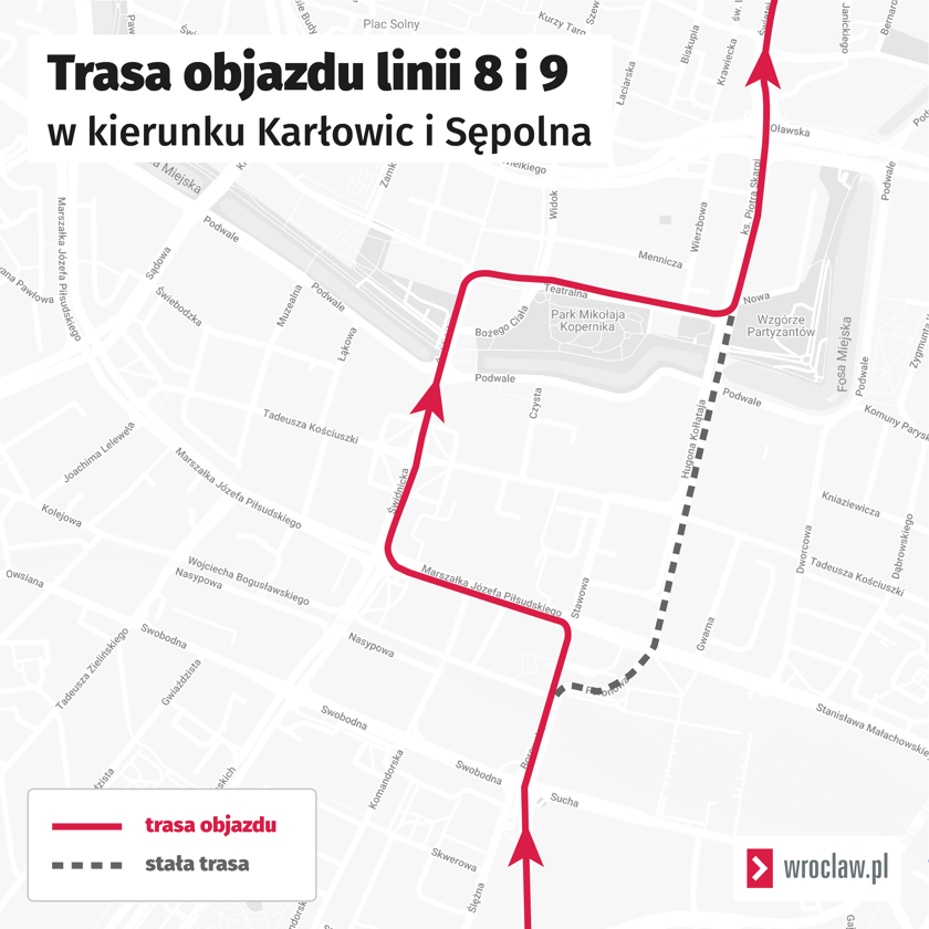 Trasa objazdu tramwaj&oacute;w linii 8 i 9.