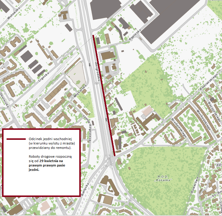 Powiększ obraz: Ulica Żmigrodzka na mapie - zaznaczony odcinek na którym od 29 kwietnia 2024 prowadzone będą roboty drogowe