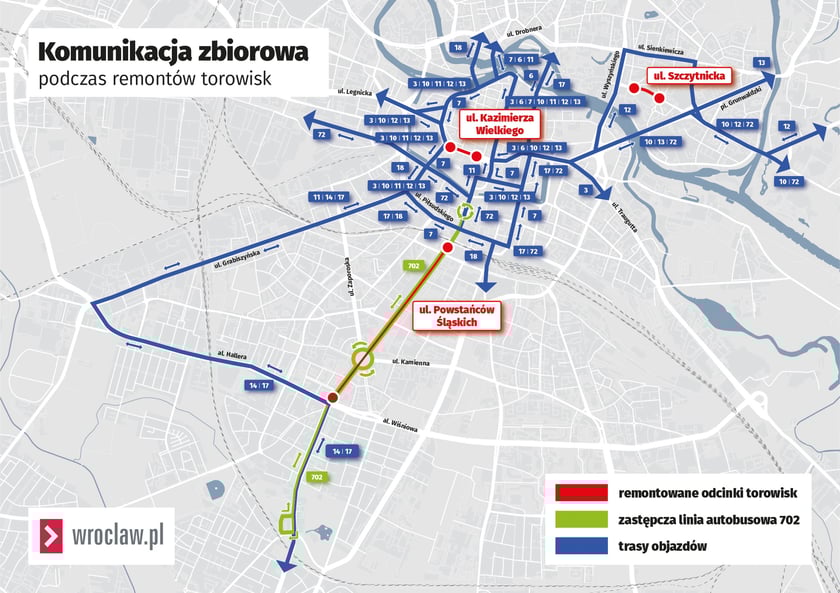 Mapa przedstawia trasy objazdów linii tramwajowych obowiązujące od 22 czerwca.