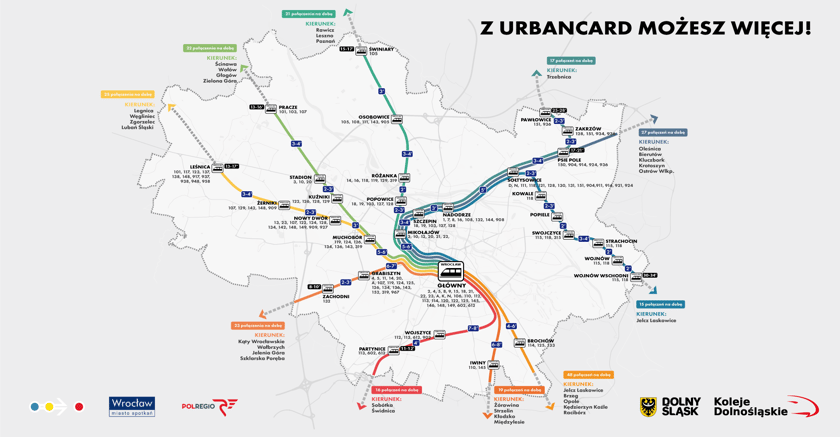 Mapa przedstawia linie kolejowe na terenie Wrocławia. Między tymi stacjami można podróżować na bilecie komunikacji miejskiej (lub za darmo na podstawie przysługujących uprawnień)