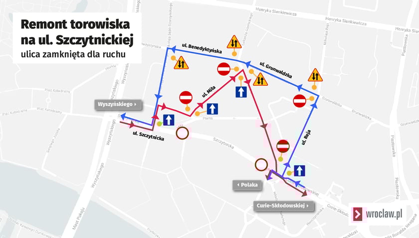 Trasy objazdów zamkniętego przez remont torowiska fragmentu ul. Szczytnickiej