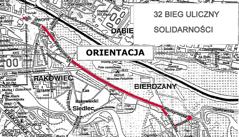 Powiększ obraz: Plan Wrocławia z oznaczoną trasą Biegu Solidarności