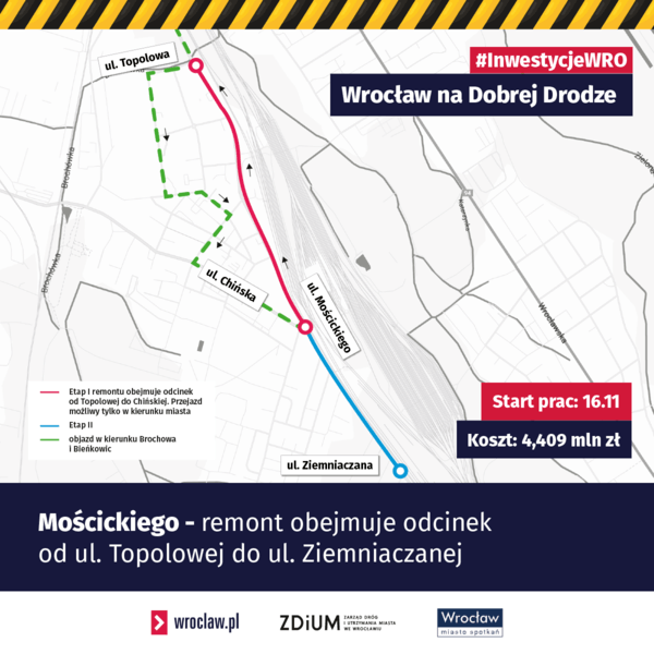 Mapa z zaznaczoną ulicą do remontu
