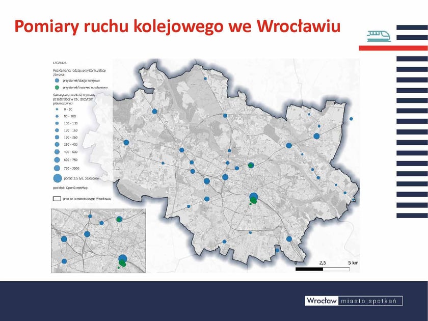Kolej to też transport zbiorowy pomierzone zostały natężenia ruchu pasażerów na wszystkich stacjach dominuje Główny oraz Mikołajów, Muchobór czy Psie PoleOpis zdjęcia: Mapa Wrocławia z zaznaczonymi punktami pomiarowymi ruchu kolejowego. Legenda wskazuje rodzaje przystanków/stacji (kolejowe, dworzec autobusowy) oraz sumaryczną wielkość wymiany pasażerskiej w dwóch szczytach przewozowych.
