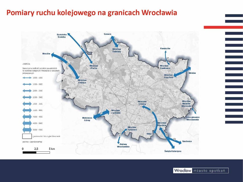 Kolej zyskuje na popularności wśród mieszkańców gmin sąsiednich. Wyraźnie widoczne są kierunki, z których codziennie do Wrocł awi a przyjeżdża koleją wielu mieszkańców gmin sąsiednich, np. z gminy Kąty Wrocławskie czy z gminy Miękinia. Stąd wyraźne wzrosty liczby pasa żer ów w pociągach. Pomimo tego wciąż z większości gmin sąsiednich więcej mieszkańców dojeżdża do Wrocławia samochodami niż pociągami.