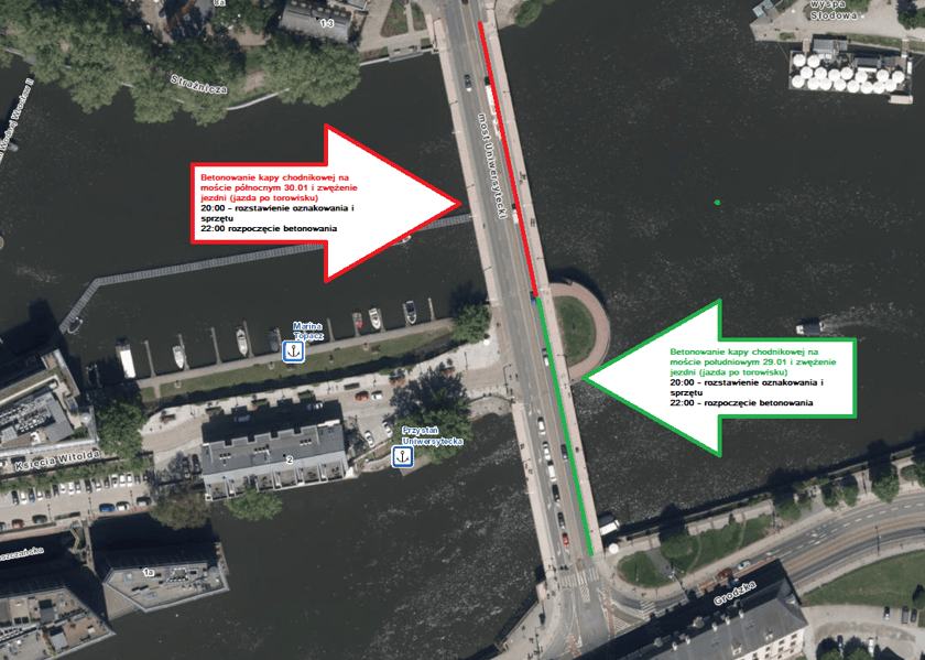 Utrudnienia na mostach Uniwersyteckich. W środę 29 stycznia betonowanie obejmie most południowy, w czwartek 30 stycznia prace będą realizowane na moście północnym.