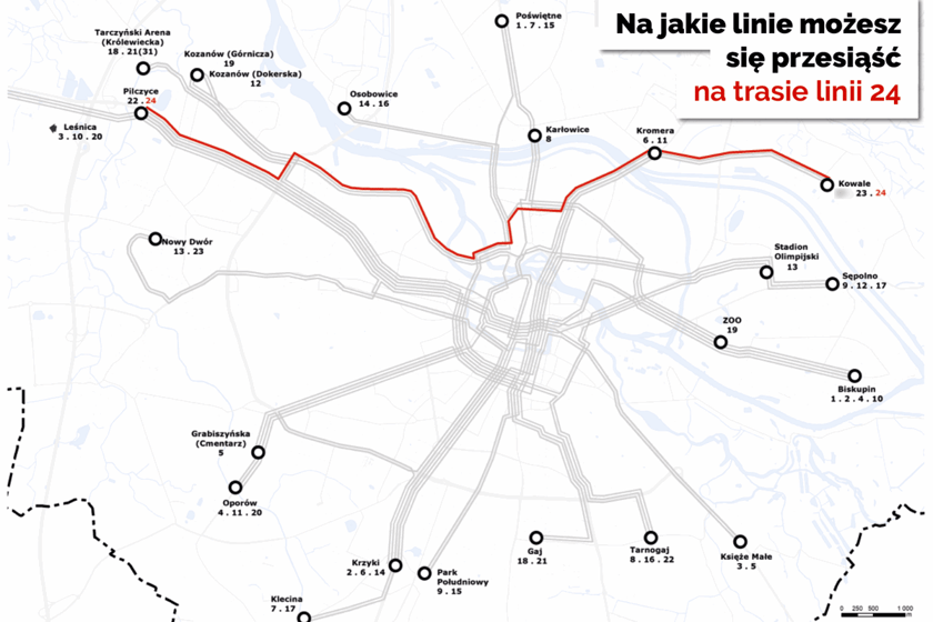 Mapa z tramwajem nr 24 i z przystankami, na których można się przesiadać na inne linie