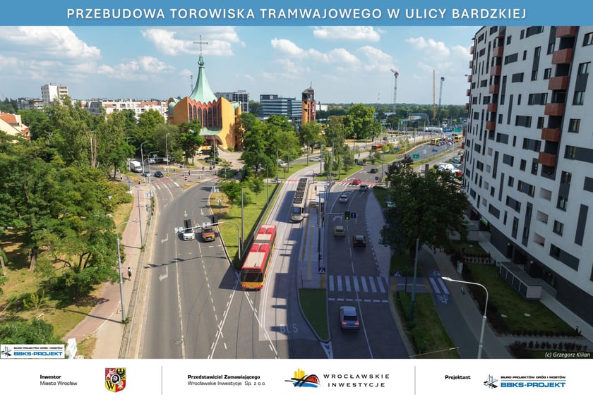 Powiększ obraz: Wizualizacja przedstawia trasę autobusowo-tramwajową na ulicy Bardzkiej przy kościele Ducha Świętego