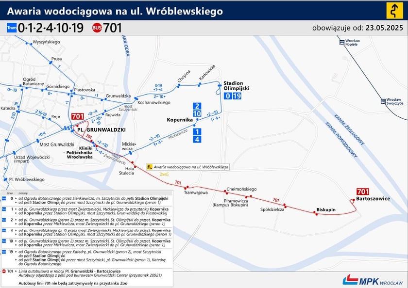 Powiększ obraz: Mapa przedstawia zmienione trasy tramwajów i przebieg linii 701