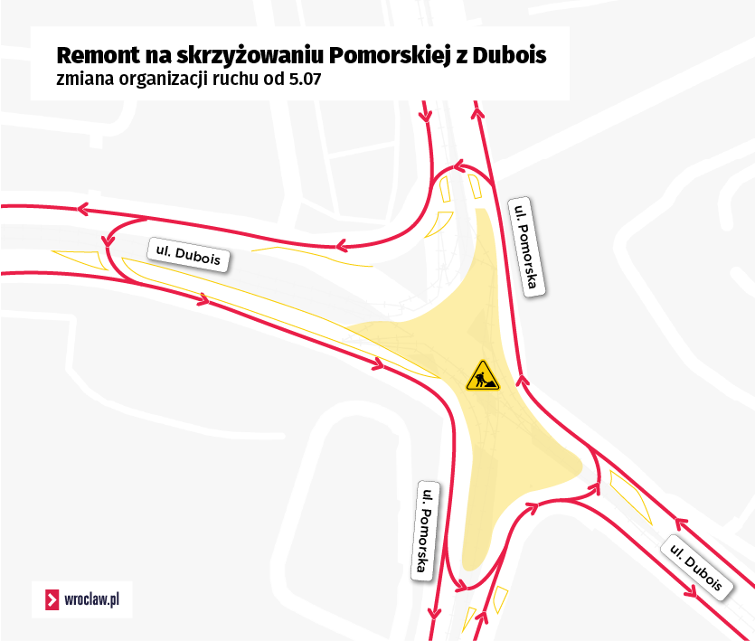 Powiększ obraz: Remont torowiska na skrzyżowaniu Pomorska-Dubois. Mapa przedstawia objazdy dla samochodów