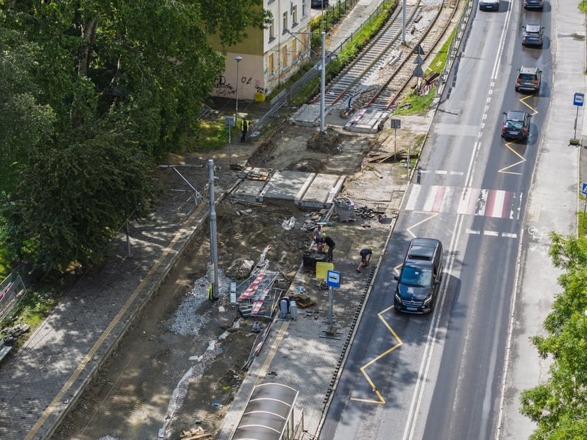 Budowa torowiska na ulicy Kosmonautów z lotu ptaka