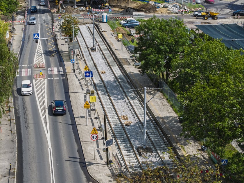 Budowa torowiska na ulicy Kosmonautów z lotu ptaka