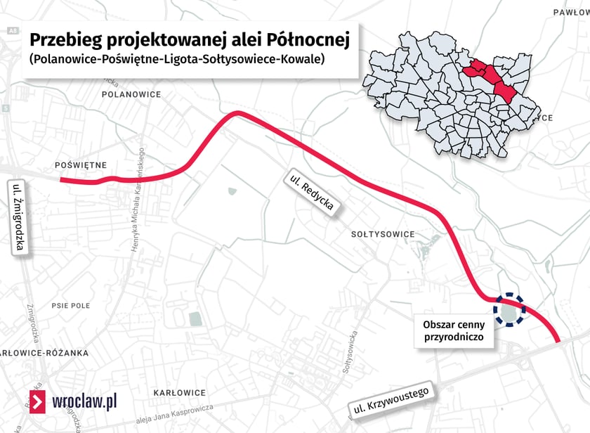 Powiększ obraz: Mapa przestawia przebieg projektowanego odcinka obwodnicy śródmiejskiej. W dolnej prawej części mapy kółkiem zaznaczony jest obszar występowania chronionych gatunków zwierząt