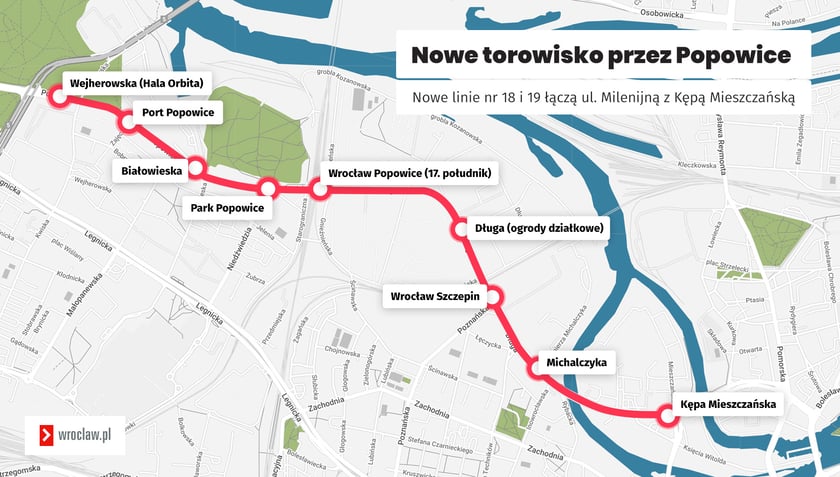 Powiększ obraz: Mapa przedstawia przebieg tramwaju przez Popowice