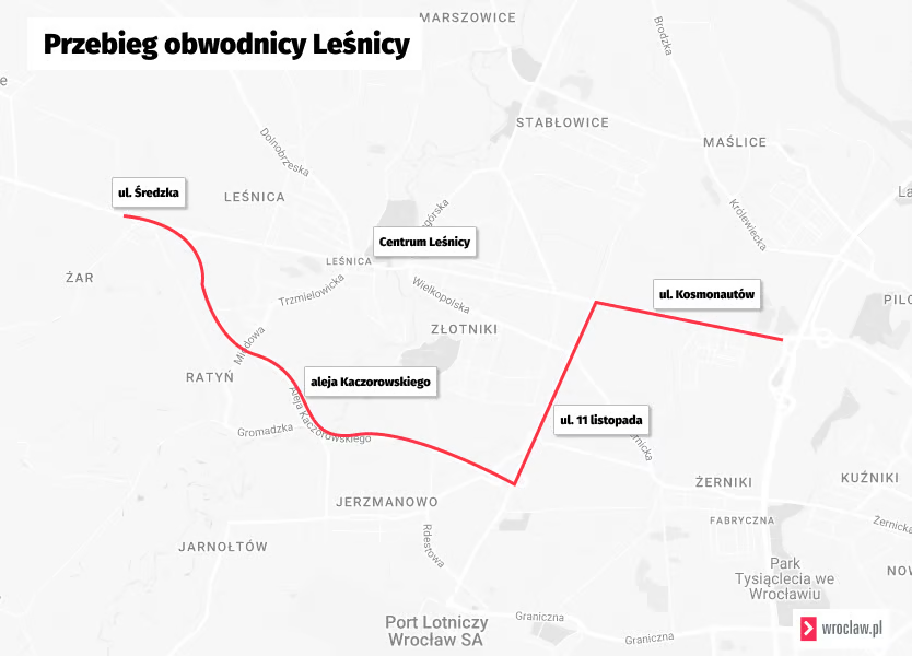 Powiększ obraz: Mapa z przebiegiem obwodnicy Leśnicy