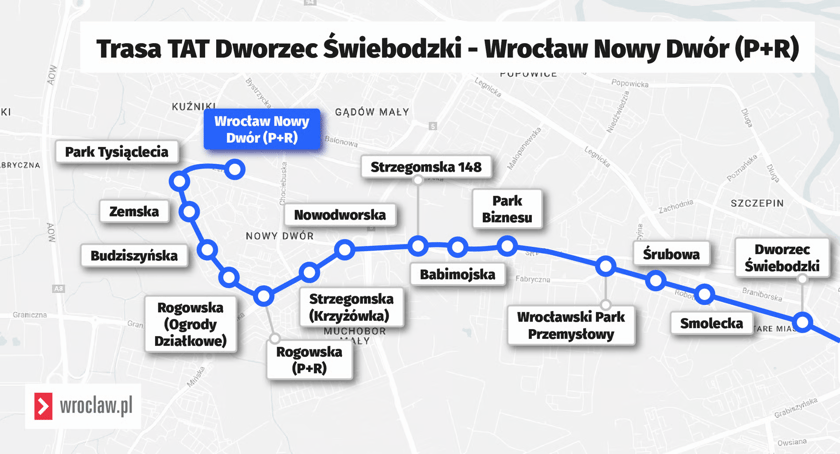 Powiększ obraz: Mapa przedstawia przebieg trasy autobusowo-tramwajowej na Nowy Dwór