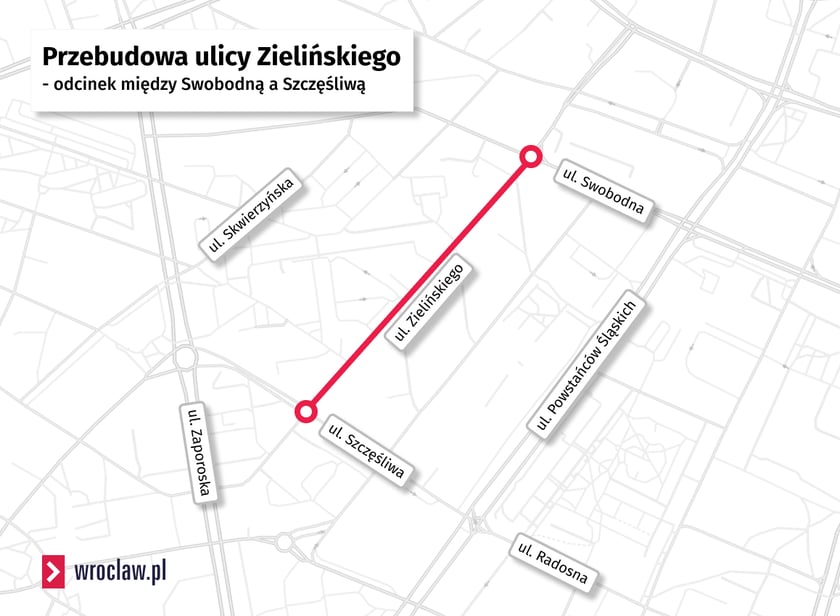 Powiększ obraz: Na mapie zaznaczony jest odcinek ulicy Zielińskiego, który będzie przebudowany