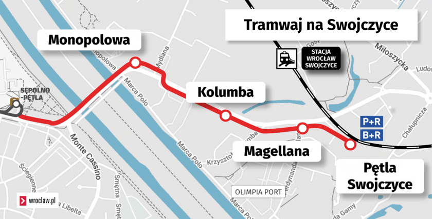 Powiększ obraz: Mapa przedstawia przebieg trasy autobusowo-tramwajowej na Swojczyce
