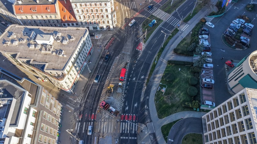Rozpoczęcie robót budowlanych przy węźle Drobnera - Dubois. Widok z lotu ptaka