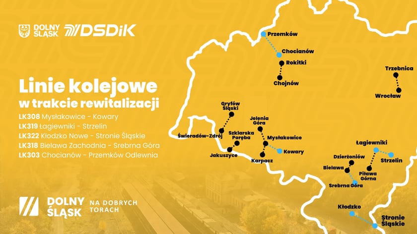 Powiększ obraz: Infografika przedstawiająca linie kolejowe na Dolnym Śląsku będące w trakcie rewitalizacji.