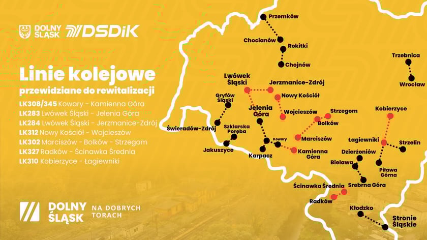 Powiększ obraz: Infografika przedstawiająca linie kolejowe na Dolnym Śląsku, które zostaną rewitalizowane  do 2029 roku.
