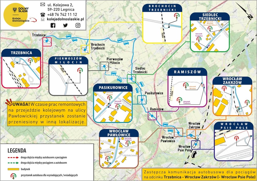 Powiększ obraz: Mapa przedstawiająca trasę autobusów zastępczych  wraz z lokalizacją przystanków, które zostaną uruchomione na czas modernizacji linii kolejowej Wrocław - Trzebnica.