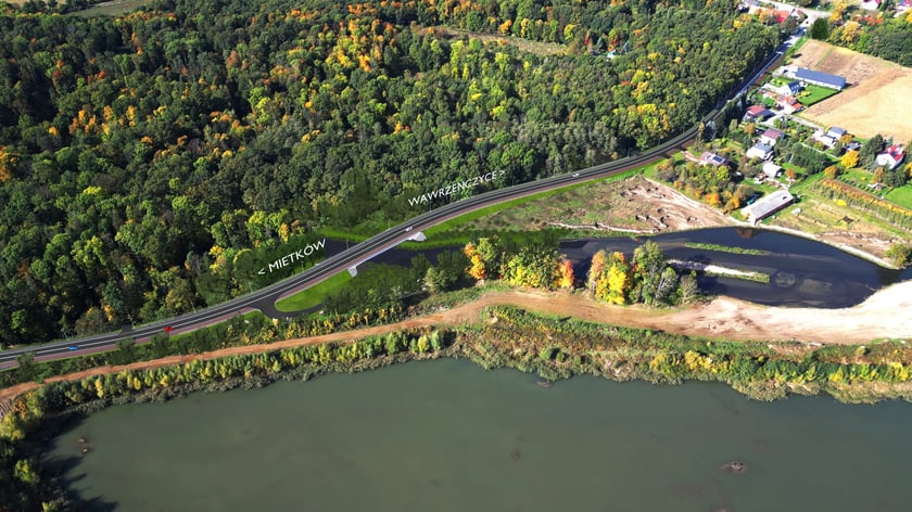 Powiększ obraz: Wizualizacja przedstawiająca nowy most nad Strzegomką w Wawrzeńczycach z lotu ptaka. Na ilustracji opisane kierunki do miejscowości Mietków i Wawrzeńczyce.