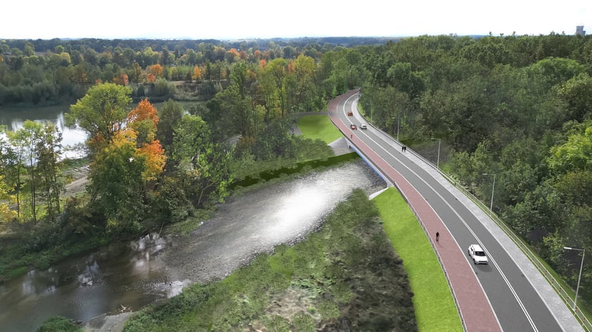 Powiększ obraz: Wizualizacja przedstawiająca nowy most nad Strzegomką w Wawrzeńczycach widok z lotu ptaka.