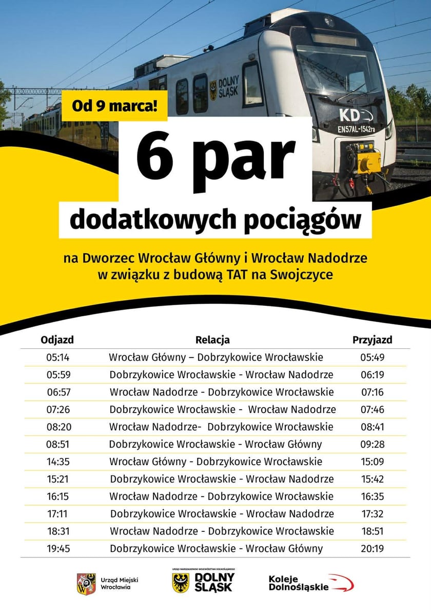 Powiększ obraz: Plakat przedstawiający dodatkowe połączenia kolejowe między stacjami Wrocław Główny i Wrocław Nadodrze a Dobrzykowicami Wrocławskimi.