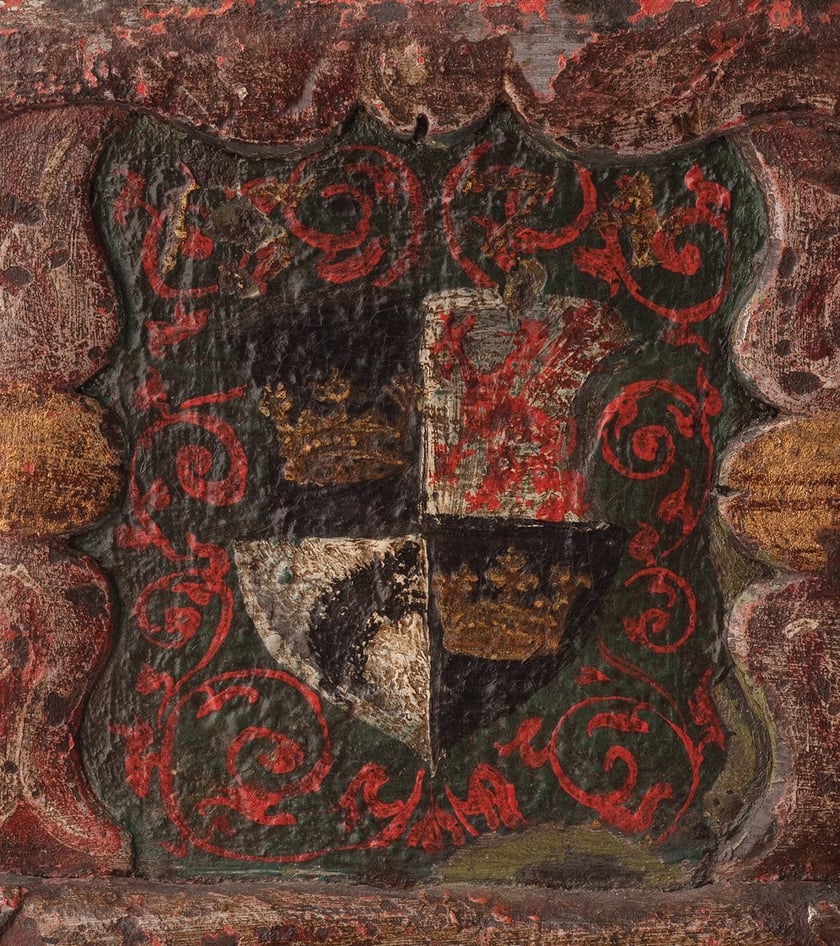 Detal ze skrzynki ? skarbczyka z herbem Świdnicy, Świdnica  1574, żelazo malowane