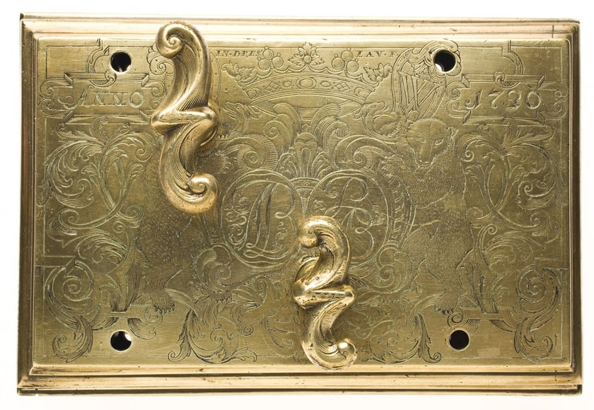 Zamek do drzwi, Albert Nicolaus Spihrman, Wrocław 1720, mosiądz rytowany