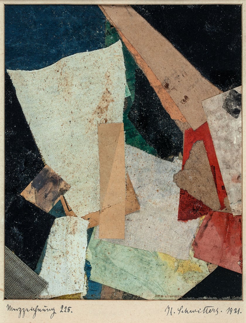 Kurt Schwitters, Merzzeichnung 225, 1921, kolaż, gwasz, karton, tkanina
