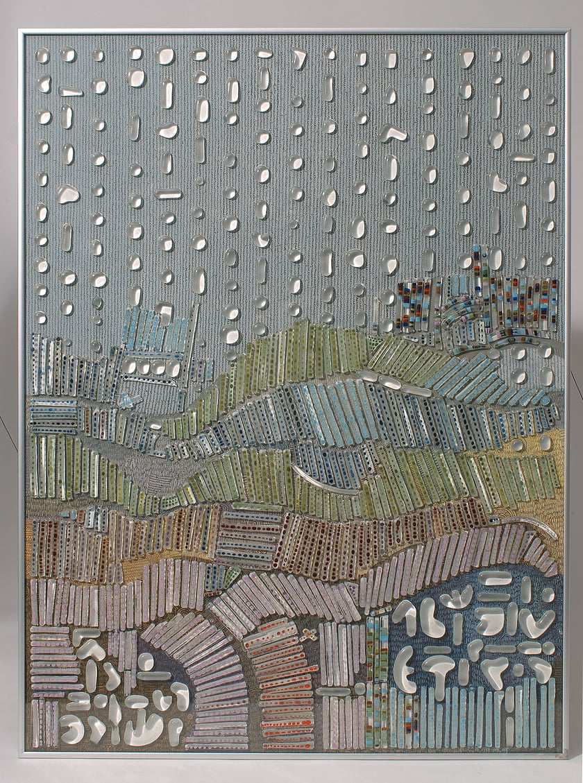 Magdalena Kucharska, Obraz-pejzaż, 1996, szkło sodowe barwione na gorąco, pi&oacute;ro, tusz, karton