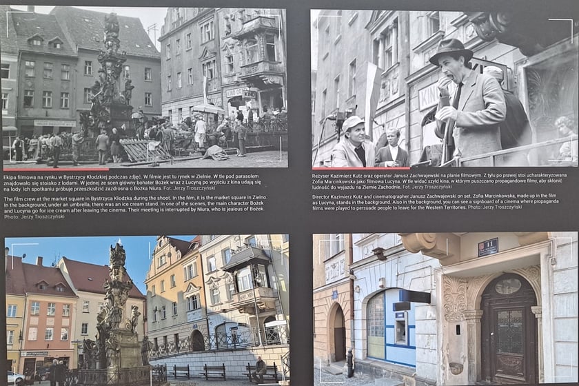 Kadry z filmów oraz współczesne zdjęcia miejsc w Bystrzycy Kłodzkiej
