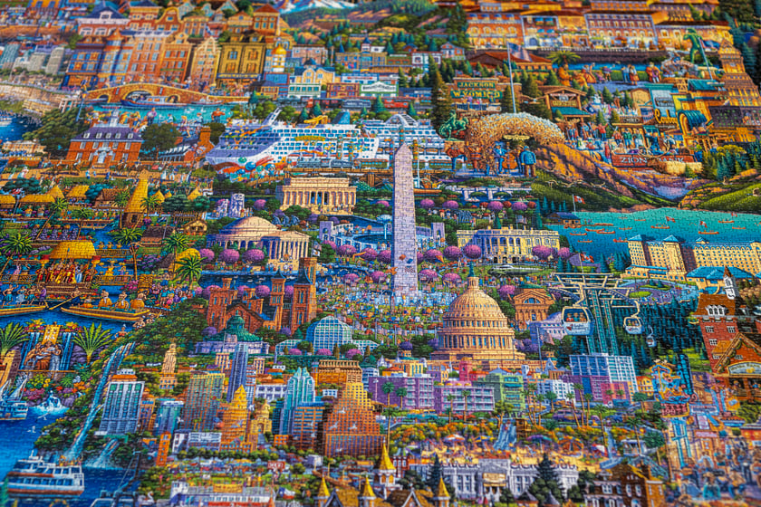 Na zdjęciu największe puzzle świata i ułożona z nich mapa świata w Muzeum Narodowym