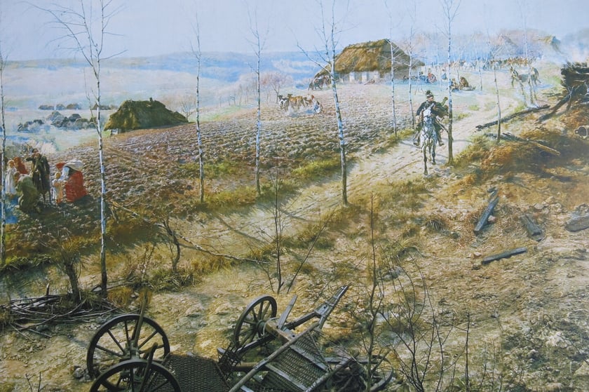 Fragment Panoramy Racławickiej &ndash; drogą od folwarku jedzie huzar z eskorty Kościuszki z meldunkiem od gen. Zajączka.