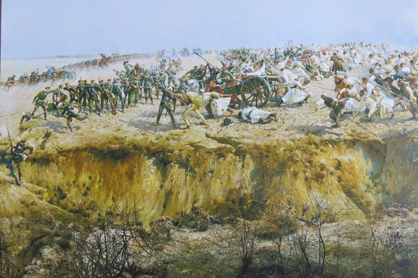 Fragment Panoramy Racławickiej &ndash; trwa szturm kosynier&oacute;w na baterię rosyjskich armat.